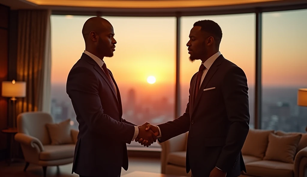 Image of two african american men, who gives himself a firm handshake in a classy, well-windowed office with a light sunset