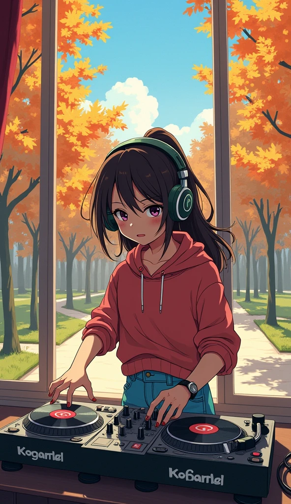girl playing dj、,Wearing headphones、looks fun、Hold the headphones with one hand、One hand is touching the turntable、Outside the window looking down is a park. autumn. autumn. Adrian Jeanie style, Try Andrews, Aesthetics 90s Anime.