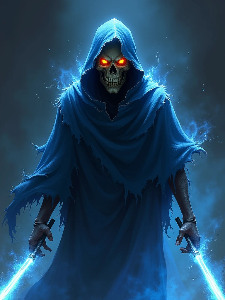 “Create a highly detailed, dark fantasy illustration of a menacing skull shrouded in a tattered, dark blue hooded cloak. The skull has glowing orange eyes and a sinister grin with sharp teeth. The cloak appears to be made of mystical, flowing energy, giving it a ghostly, ethereal look. The background is a deep, dark space with splashes of blue and white, adding a sense of motion and intensity. Two curved, sharp blades are partially visible, emerging from beneath the cloak, enhancing the figure’s threatening presence. The overall scene should evoke a powerful, ominous atmosphere with intricate detailing and vibrant highlights, perfect for an edgy, fantasy-themed artwork.”