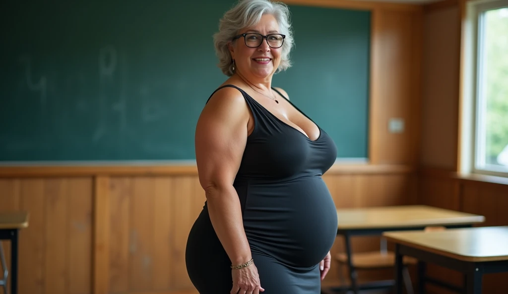 70 year old milf, mature and voluptuous woman. gray hair, glasses, wearing a short dress that is tight on the body and low-cut, highlighting her butt, large breasts, cleavage. thighs on display, she is in a classroom, older teacher, full body image, beautiful body photo highlighting her butt, hourglass body, thin waist, wide hips, false chubby, the woman is with her back slightly turned to the side looking at the camera, attractive woman in her 60s, short skirt, curvy, hot, voluptuous body, cleavage, large breasts, approximately 60 years old, woman who appears to be 60 years old, image from behind, looking at the camera, posing, stunning, natural mature woman, size X, detailing her voluptuous body curves.