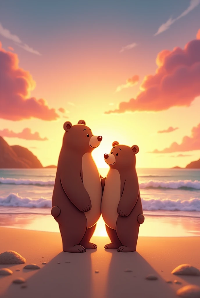  Just the high quality animated background for two bears standing side by side on the beach with a romantic sunset , that is for cartoons
