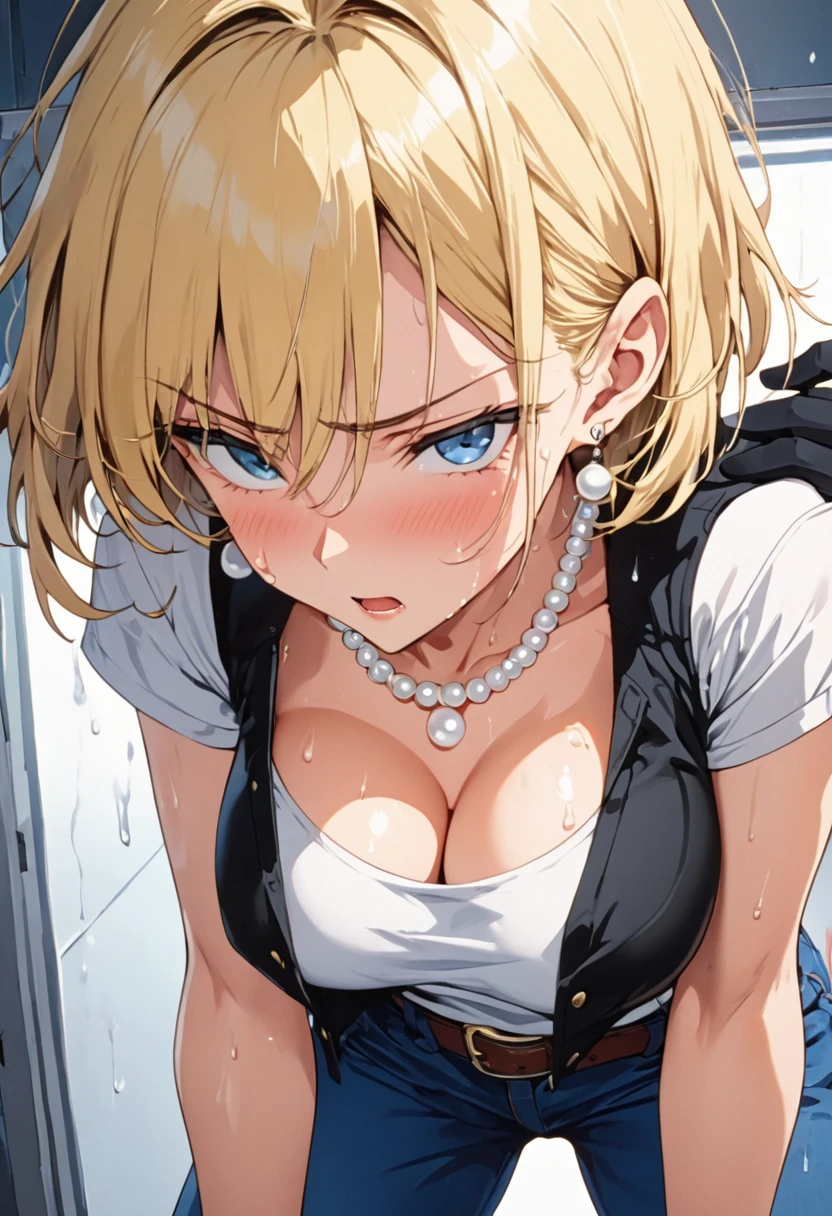 masterpiece, Highest quality, High resolution, (Artificial Human Room No. 18),1990s \(style\),(E-cup beautiful breasts)、height: 170cm,Sweating all over the body、vapor、Muscular、((sexy))、(sex),(nsfw),(M-shaped legs),Sweaty、(Breasts spilling out of clothes),独奏,Anime-style painting style, blonde hair, Blue eyes, belt, jeans, pearl_necklace, bracelet, black gloves, white shirt, short hair, short sleeves, earrings, blue short pants, open vest, black vest,middle breasts,Composition focusing on the upper body,(Cool face)、Pointed eyes,A face writhing in pleasure,Provocative pose