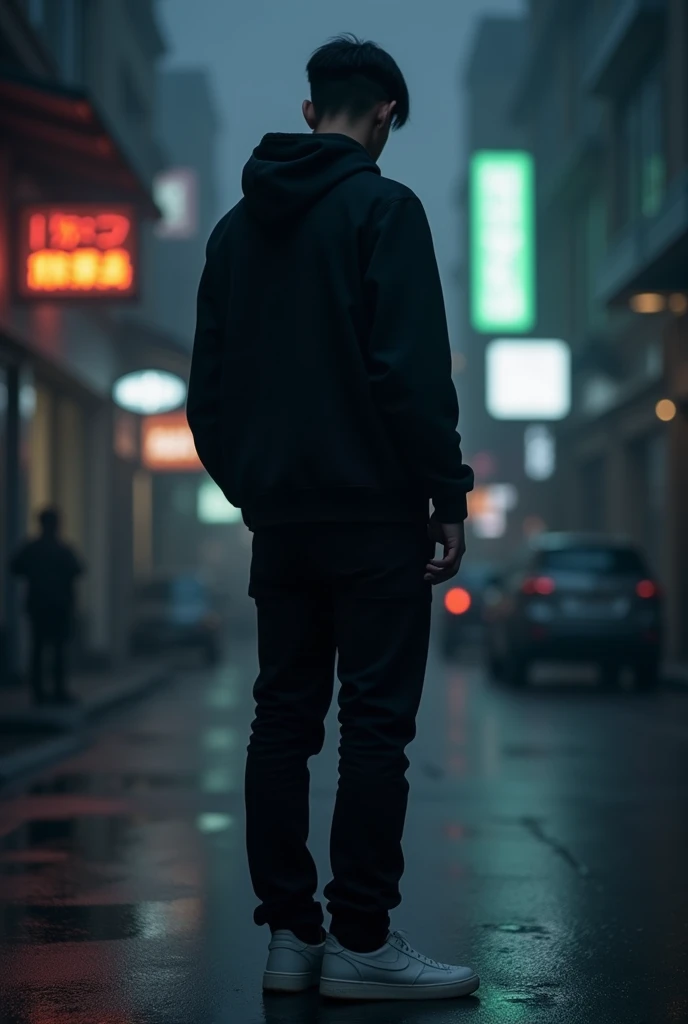 The dark midnight the black hoodie black pants white sneaker back side middle hair head mongolian 182cm Temuugei boy face blur from ulaanbaatar city