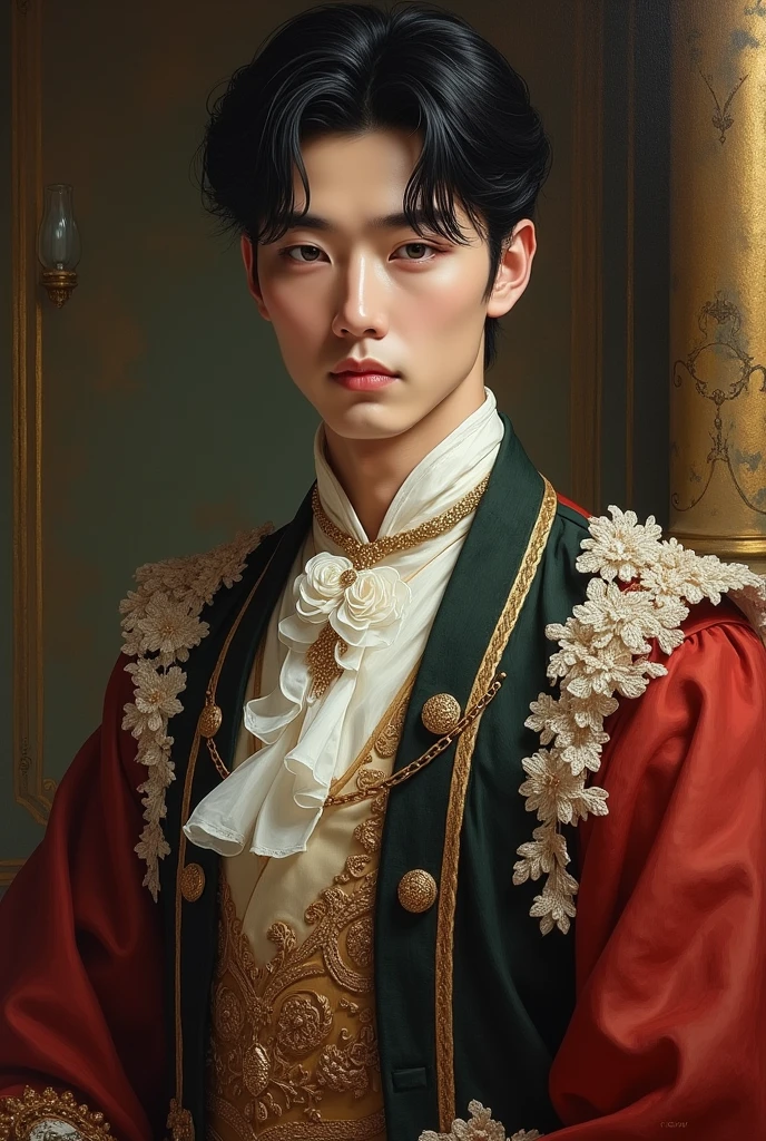 handsome korean man in england's prince outfit. monolid and slightly looking sleepy eyes. square and a bit round face shape with two blocks hair cut. whole body painting