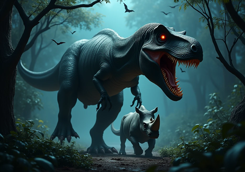 frightful Tiranossauro Rex na floresta africana de noite perseguindo um rinoceronte. Bats flying. Terror. frightful. fear.
