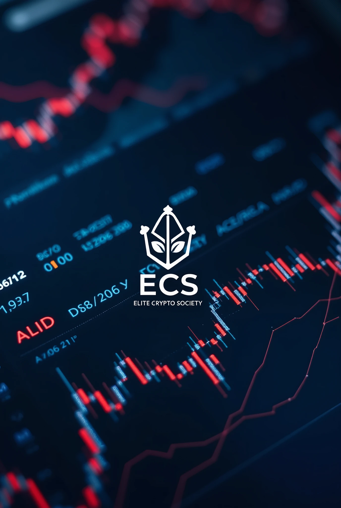 an image related to the crypto market, with graphs and analysis with data and indicators. This image must contain the initials ECS and written in full Elite Crypto Society in a smaller size than the initials..