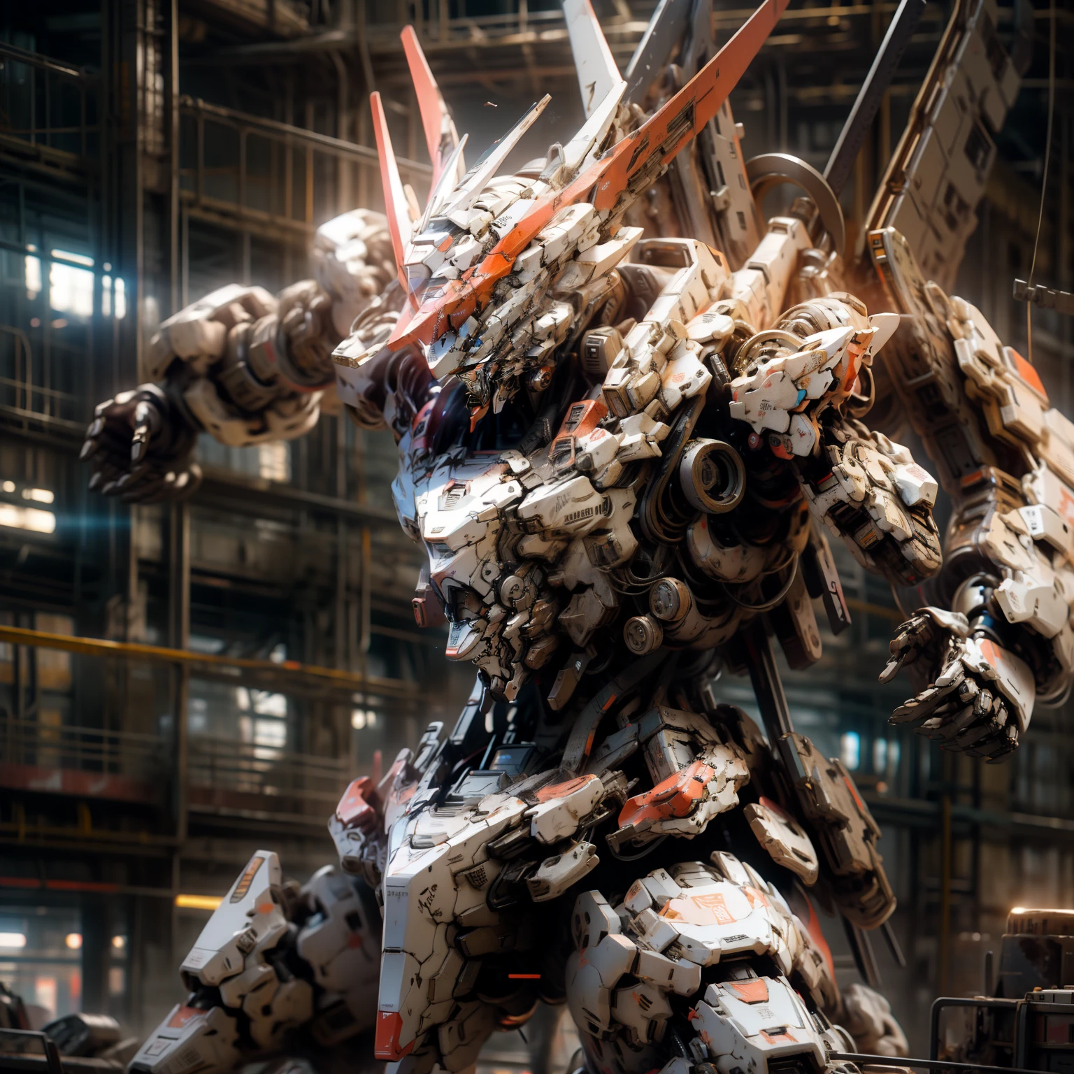 White mech warrior，Vision，Fighting in the ruins of a city，Cyberpunk，best quality，8k