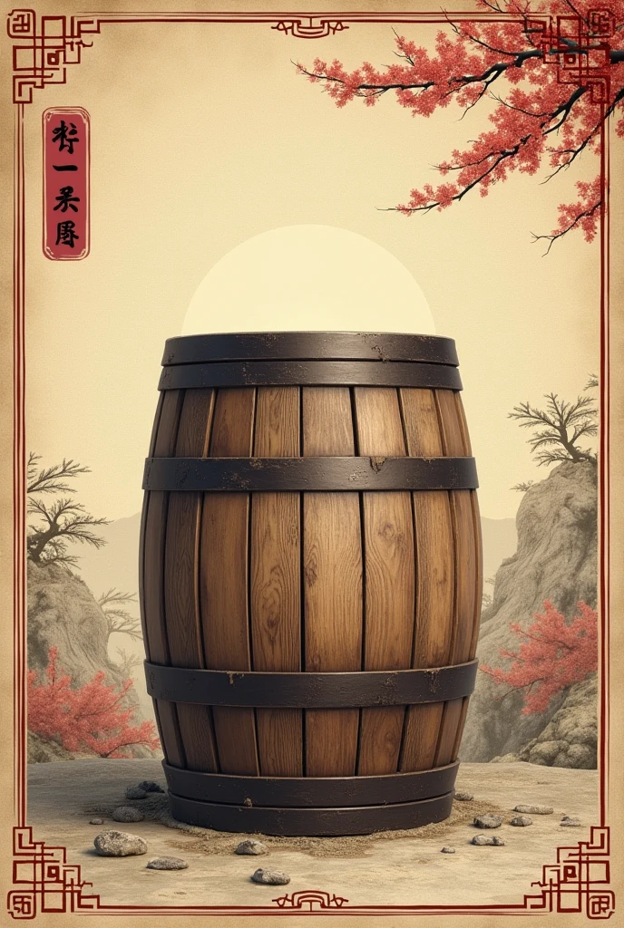 Please give me a poster image of a traditional wine barrel,Chinese retro style,The same style as the ancient map above
