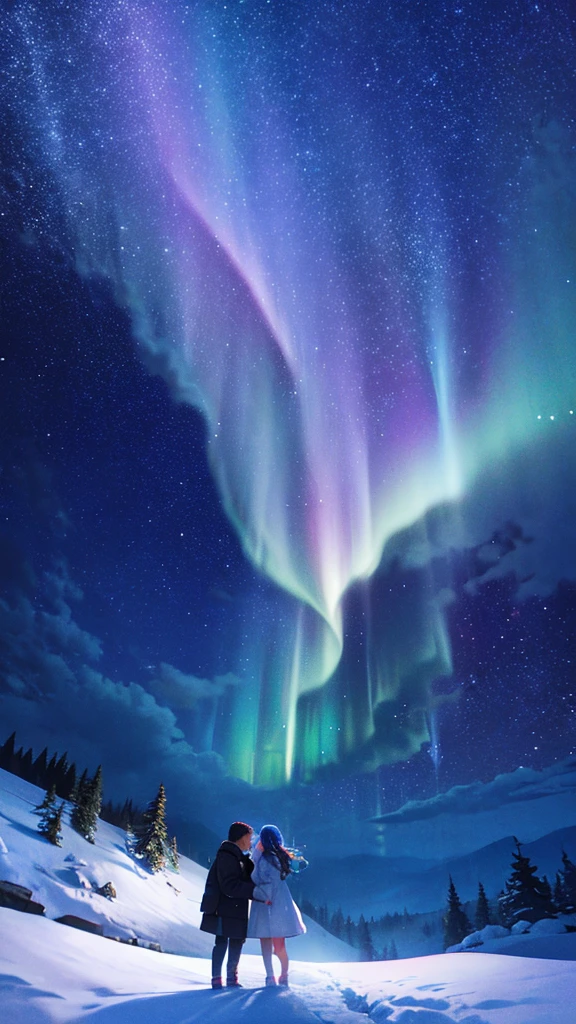 There are countless stars in the night sky. A sweet lover looking at the rapturous stars, a lover on a hill with snow, dark blue sky, brightly shining stars, beautiful aurora