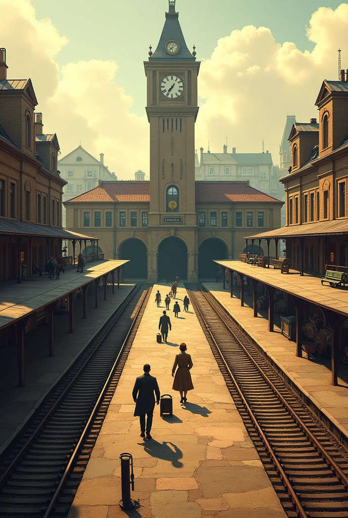A 1940s style train station in Europe , There are 3 tracks and 2 stations. , in a not so busy area