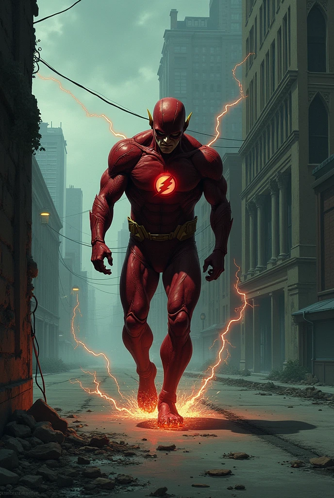 old Flash, now slower, tries to run but stumbles. His lightning is dim and flickering. He catches his breath, leaning on a wall. Background: A deserted city street at dusk, the sky filled with ominous clouds. Narration: "The speedster's race against time... is coming to an end."