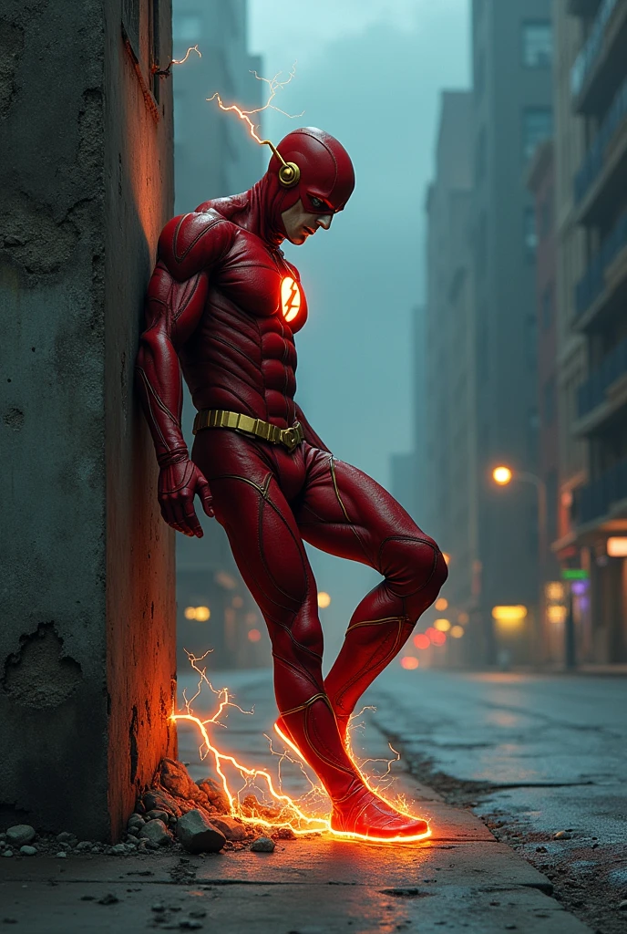 old Flash, now slower, tries to run but stumbles. His lightning is dim and flickering. He catches his breath, leaning on a wall. Background: A deserted city street at dusk, the sky filled with ominous clouds. Narration: "The speedster's race against time... is coming to an end." 
