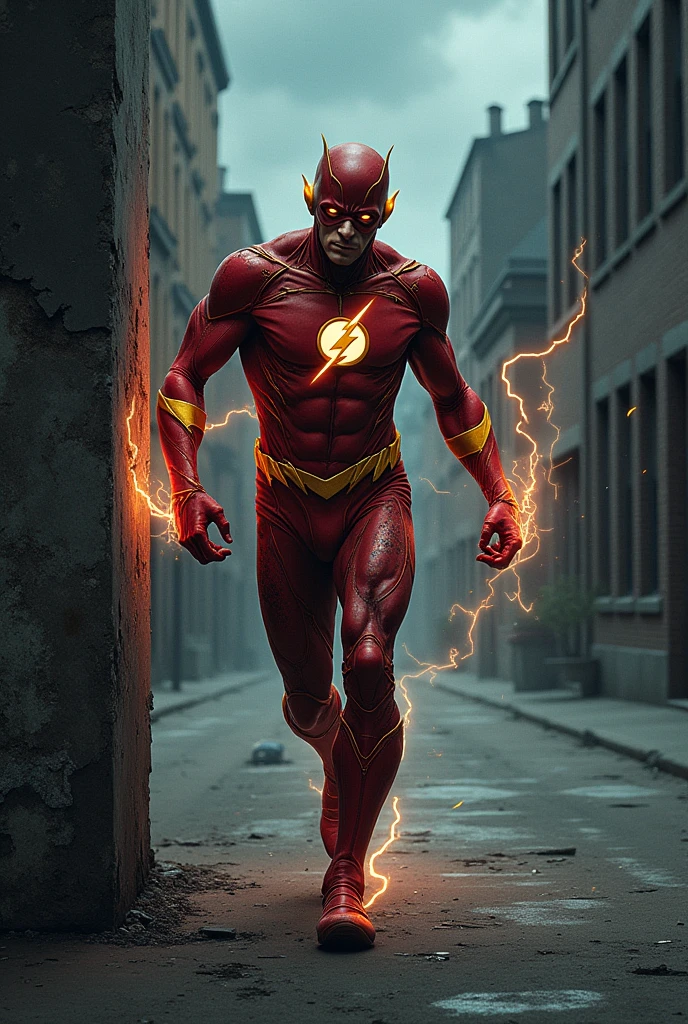 old Flash, now slower, tries to run but stumbles. His lightning is dim and flickering. He catches his breath, leaning on a wall. Background: A deserted city street at dusk, the sky filled with ominous clouds. Narration: "The speedster's race against time... is coming to an end." 
