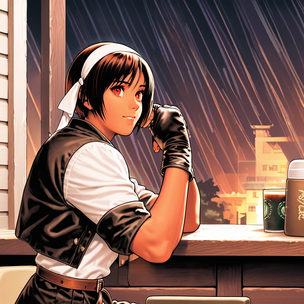 single,female,short cut,short height,dark hair,dark skin,red eyes,((rolled up black jacket)),fingerless gloves,white T-shirt,(white headband),black pants,white shoes,brown belt,cute,indoor type,charming,top quality,neat face,neat eyes,slightly worried face,notices rain notice, drinking coffee on terrace, worried about rain, laughing with head in hands