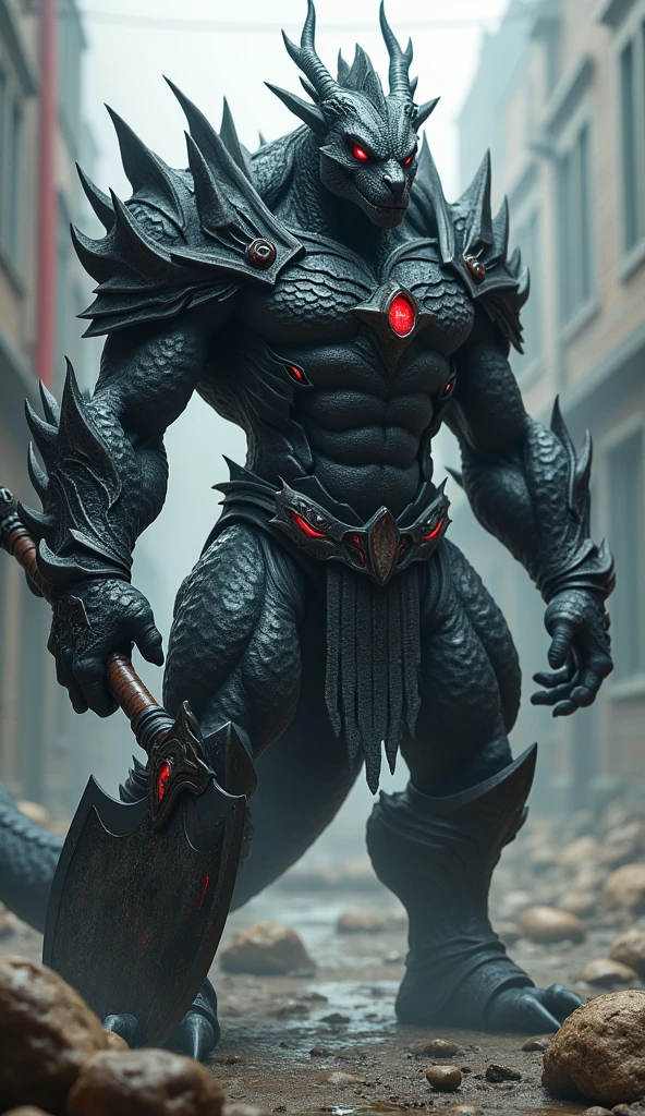 homme dragon noir, tête de dragon noir,corpulence impressionnante ,de une armure d'écaille de dragon noirs,les yeux sont rouges,il a une hache énorme noir,très agressif,menaçant,puissant,musclé,peau à écaille noir,réaliste,photo