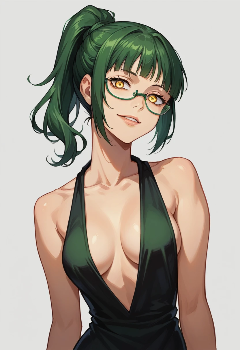 score_9, score_8_up, score_7_up, score_6_up, BREAK, masterpiece, best quality, 1 girl, solo, Maki , detailed eyes, at the club, yellow eyes, green ponytail hair, square glasses, black evening dress with plunging neckline, medium breast, yandere, head tilted back