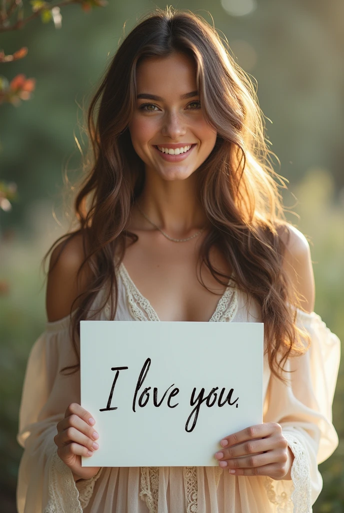 Beautiful girl with wavy long hair, bohemian dress, holding a white board with text "I Love You" and showing it to the viewer