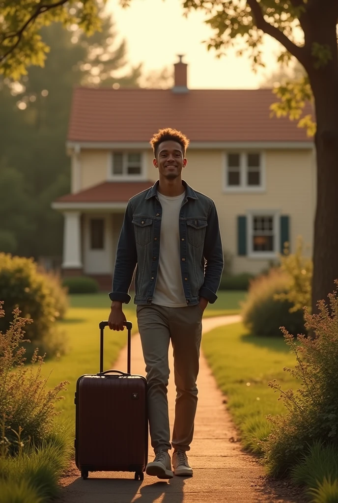 Image of a man leaving his parents' house and going to hug his girlfriend