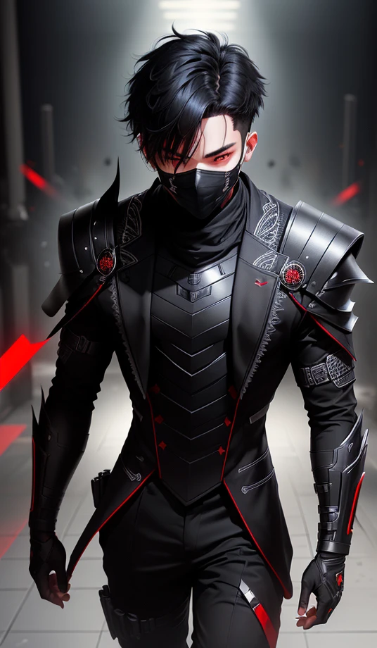 black mask boy , Red eyes, Black hair, short hair, High accuracy, High resolution models, Ultra-high-resolution display, Multi-faceted perspective, cinematic light effect, 