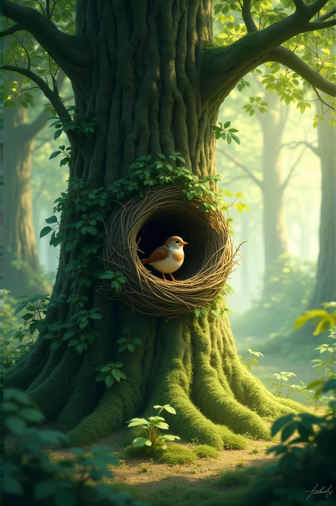 A peaceful forest full of birdsong. A sparrow came out of a sparrow's nest hidden in the leaves of a tree