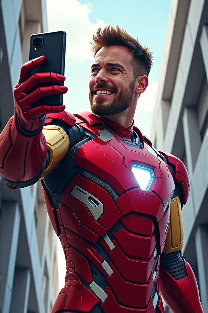 Ironman showing his phone, has an excited expression.