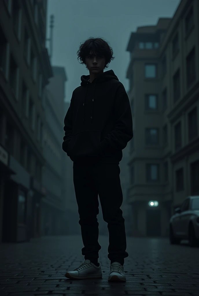The dark midnight backround the black hoodie black pants white sneaker back side middle hair head mongolian 182cm Temuugei boy face blur from ulaanbaatar city