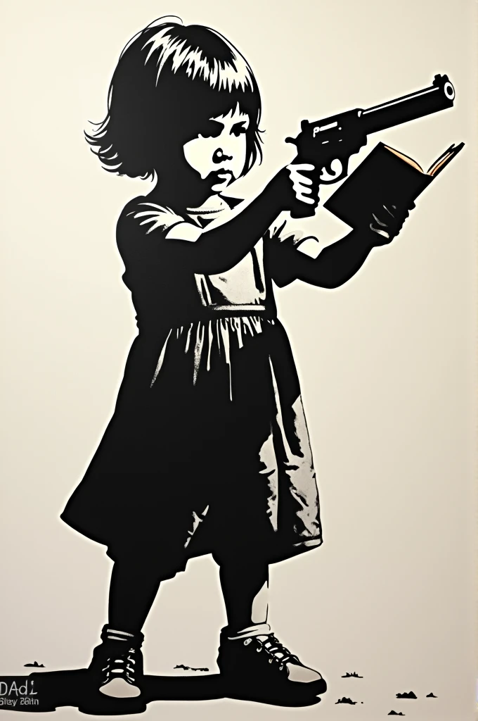 Stencil art of a child holding a book as if he were holding a pistol.