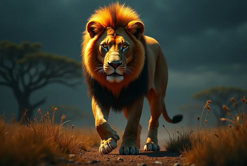 Lion on African savanna, black background night, frightful, Cyberghetto, Goblincore, Long shot, Zbrush rendering, grainy, interactive, shiny colors, Surrealism, atmospheric lighting, realistic skin tones, dramatic light lighting, portrait photography, 4K