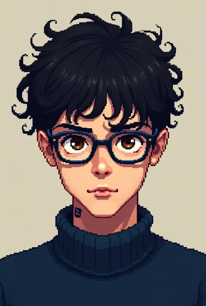 Strong emo pixel art man with black curly hair, with glasses, navy blue sweater, eyes browns, looking straight ahead with a serious face, with a small tattoo on his neck
