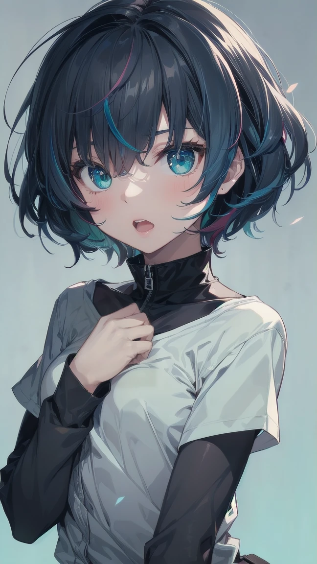 Close-up of a manga girl with blue hair and a yellow shirt, 2D Animation, 2D Animation style, 2D Art, 2D Art, 2D from Gorillaz, 2D from Gorillaz, 2D Gorillaz, Screaming Cerket, 2D Sprite, Jinx Face, short hair, Small breasts, hot pants, ((Black Hair, Inner bright blue hair:1.4)), Slanted Eyes