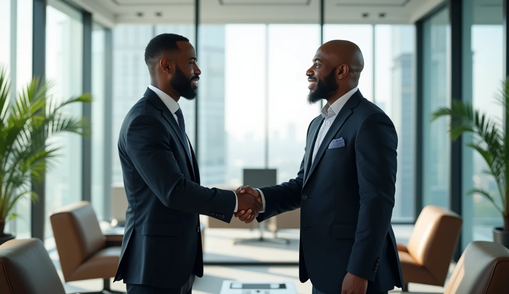 Image of two african american men, qui se donne une poignet de main ferme dans un bureau classe et bien vitré.