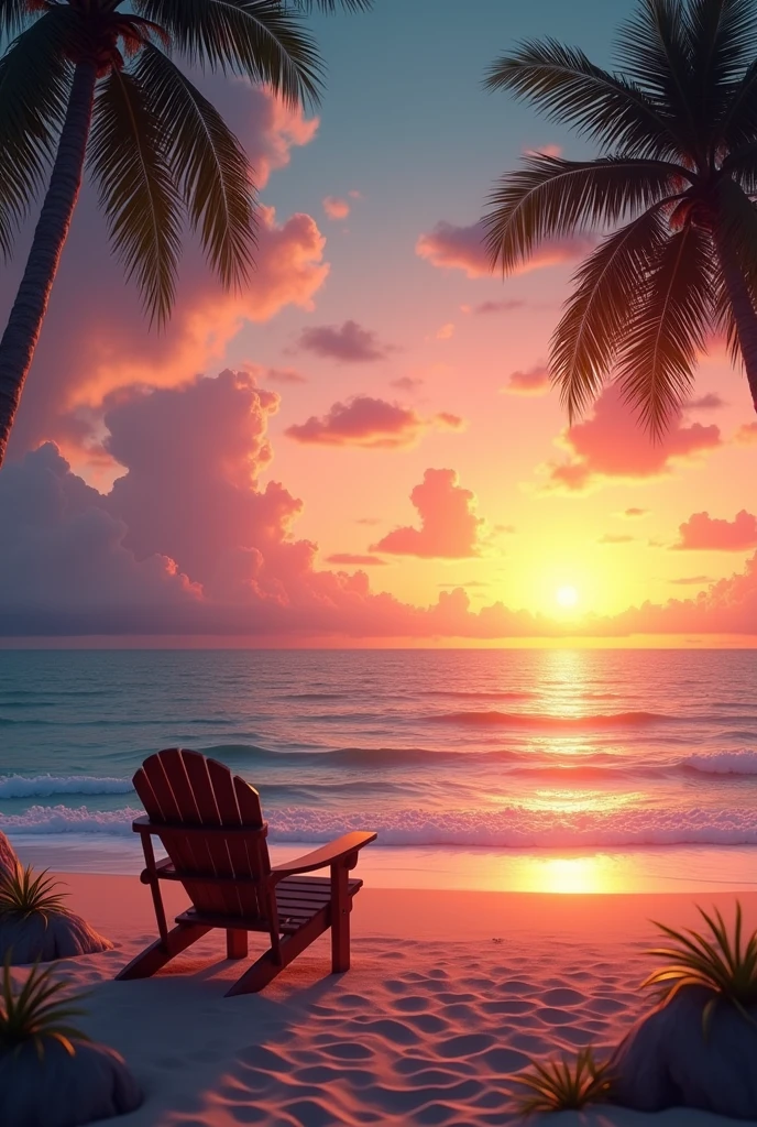 A sunset on the beach with a chair facing the sea
