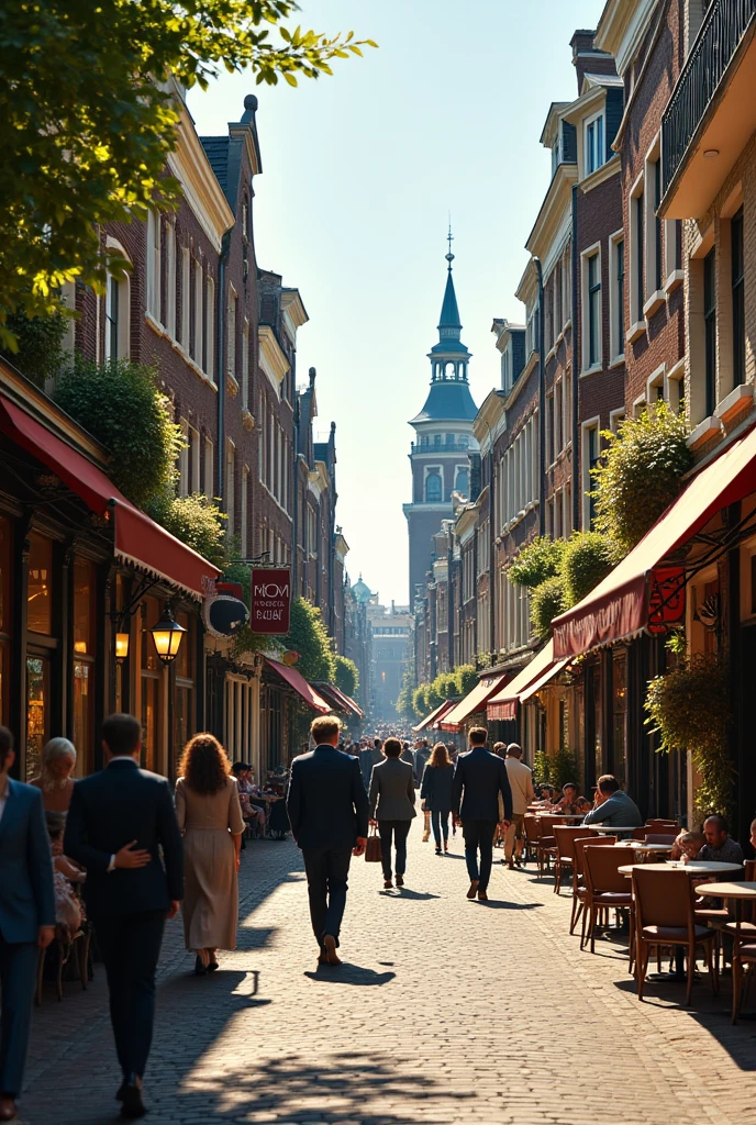High quality photograph of a historic street in the Netherlands. Cobblestone streets, cafes, galleries and people walking. A real street, It is not completely clean and shiny. 150dpi well dressed people. Lunch time. Beautiful sunny day.