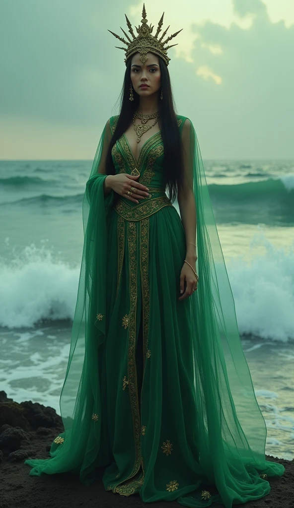 A majestic depiction of Nyi Roro Kidul, the Queen of the Southern Sea, with a proportional and elegant figure. She is dressed in a flowing, green and gold traditional Javanese gown, standing confidently by the ocean. Her long, dark hair cascades down her back, and her eyes hold a mysterious, commanding presence. The ocean behind her is vast and powerful, with dramatic waves crashing under a stormy sky. A soft, eerie glow surrounds her, giving her an ethereal, goddess-like aura. The lighting is cinematic, with hyper-detailed textures, ultra-sharp, 8K, and UHD.