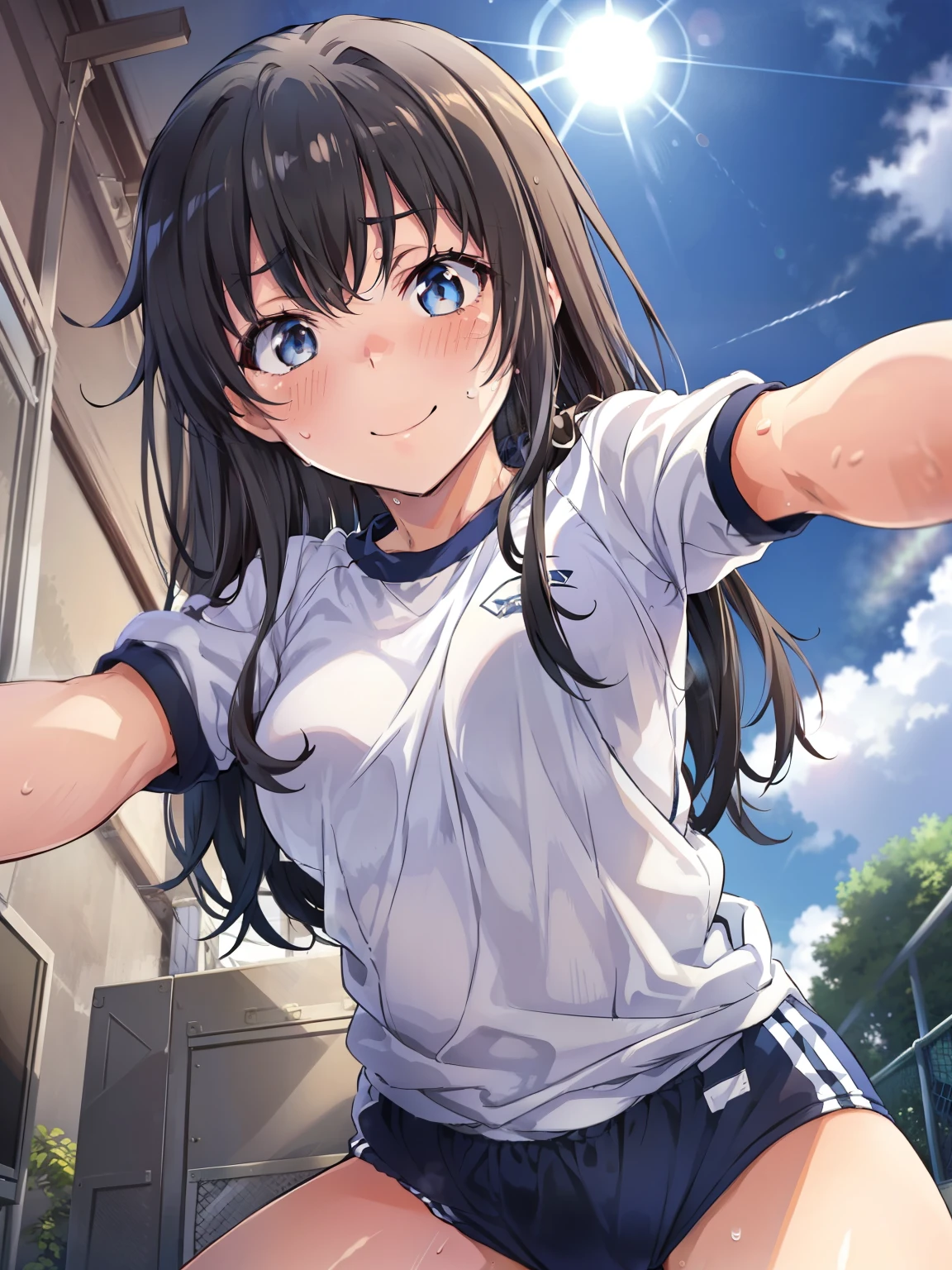 ((Highest quality, High resolution,  Perfect Pixel,  4K)),  (Beautiful Anime Girls), Depth of written boundary、
Watching the audience, 
Perfect body, 

Yukinoshita Yukino、Small breasts、Black Hair、Long Hair、


blue brown, Gym suit、Navy blue bloomers、

(blush、Sweat:1.5)、smile、

View your viewers, From below, 
null、cloud、Outdoor、summer、sunlight、

throw, Top girl, Straddle, Sex,
Selfie、