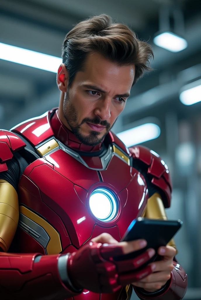 Ironman showing his phone to us, He has an excited expression on his mask.
