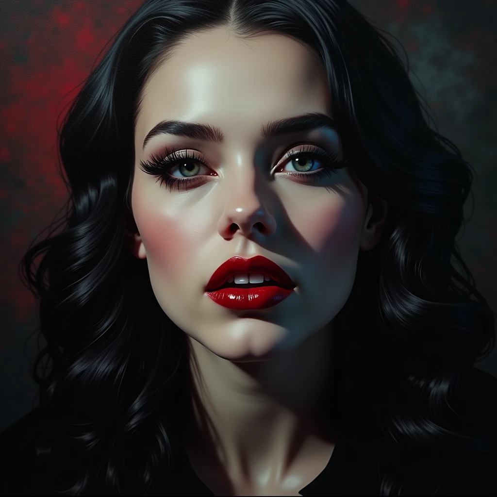 vampire, beautiful vampire woman, detailed face, striking eyes, long eyelashes, pale skin, fangs, portrait, dramatic lighting, dark moody atmosphere, dramatic chiaroscuro, rich colors, oil painting, digital painting, cinematic, breathtaking, highly detailed, award winning, masterpiece, 8k, photorealistic