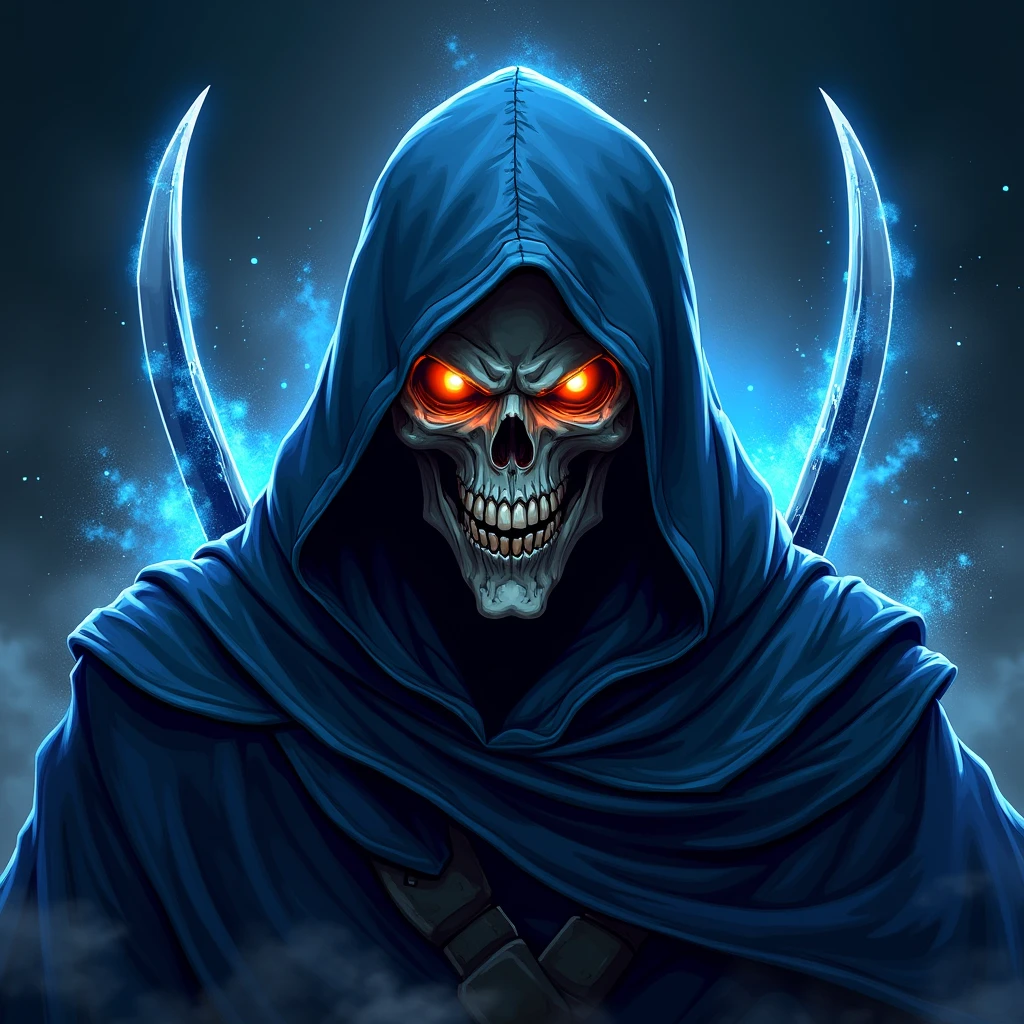 “Create a (((logo sport))), highly detailed, dark fantasy illustration of a menacing skull shrouded in a tattered, dark blue hooded cloak. The skull has glowing orange eyes and a sinister grin with sharp teeth. The cloak appears to be made of mystical, flowing energy, giving it a ghostly, ethereal look. The background is a deep, dark space with splashes of blue and white, adding a sense of motion and intensity. Two curved, sharp blades are partially visible, emerging from beneath the cloak, enhancing the figure’s threatening presence. The overall scene should evoke a powerful, ominous atmosphere with intricate detailing and vibrant highlights, perfect for an edgy, fantasy-themed artwork.”