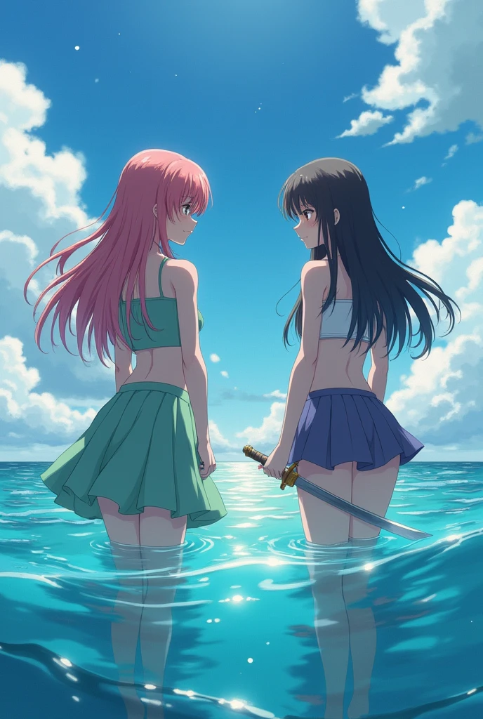 2 girls, one is fucked up the other is fucked up,the first one to let herself into the water, another one stands with a sword, anime