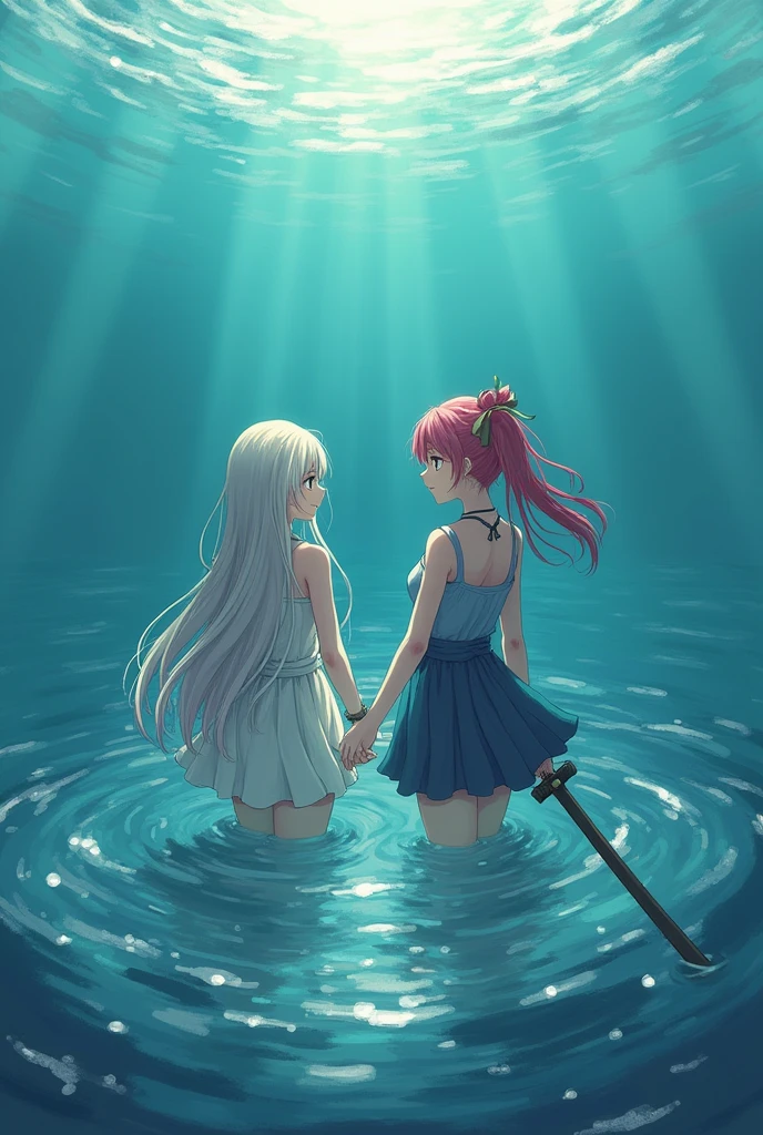 2 girls, one is fucked up the other is fucked up,the first one to let herself into the water, another one stands with a sword, anime