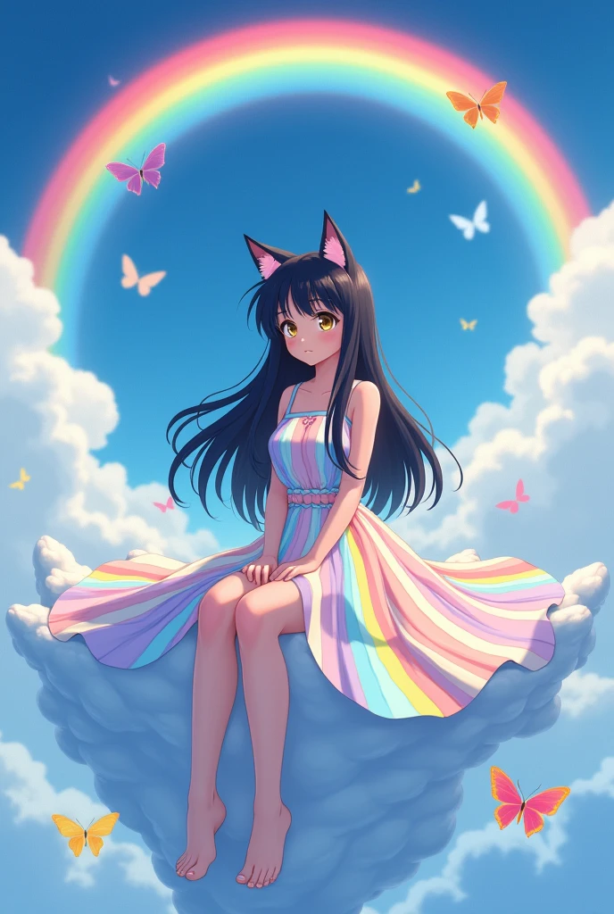 An anime girl who looks  with cat ears, very long, straight black hair with bangs similar to Inuyasha&#39;s, and golden eyes., wearing a dress that forms rainbow patterns sitting on top of a cloud, in the background the blue sky, with a giant rainbow behind her, with bare feet, Around you can see many colorful butterflies and their color stands out among the white clouds.