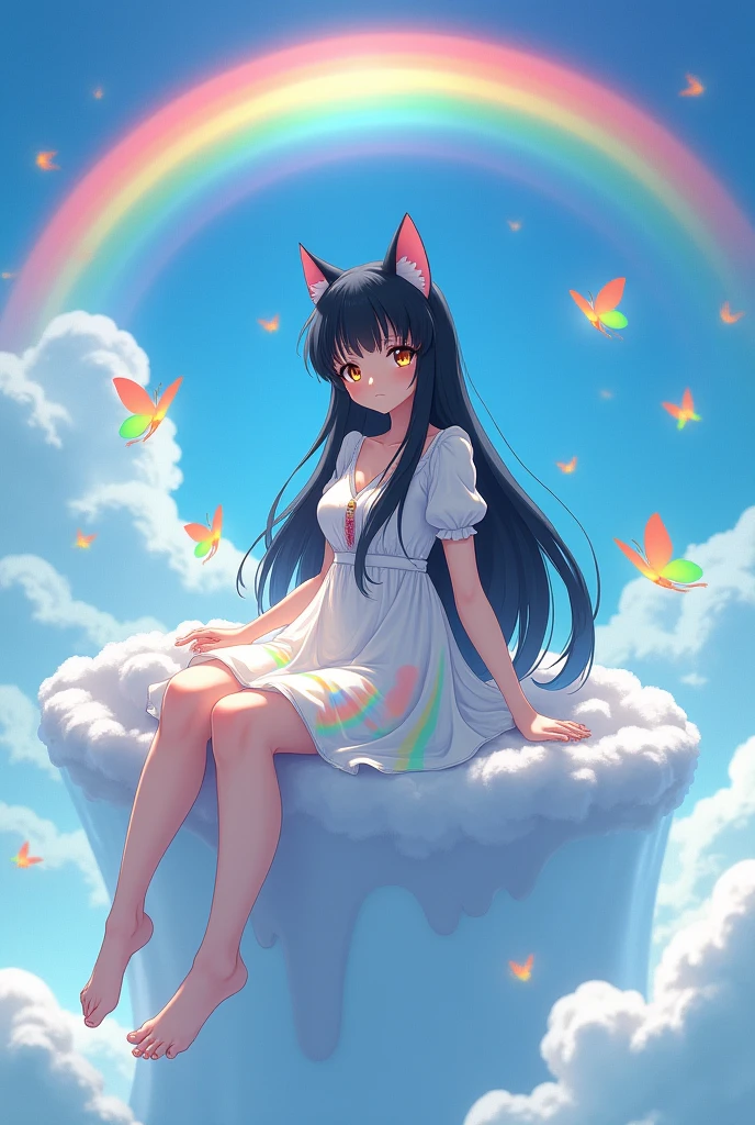An anime girl who looks  with cat ears, very long, straight black hair with bangs similar to Inuyasha&#39;s, and golden eyes., wearing a dress that forms rainbow patterns sitting on top of a cloud, in the background the blue sky, with a giant rainbow behind her, with bare feet, Around you can see many colorful butterflies and their color stands out among the white clouds.