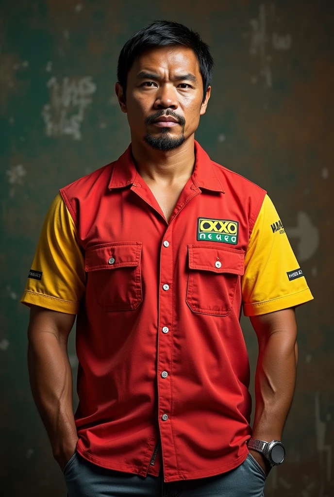 Manny Pacquiao in a red and yellow work shirt from OXXO Mexico