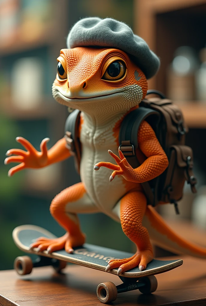 A lizard riding a skateboard, a backpack on the back, Beret on the head, rip earring. He is doing a trick with his skateboard when he appears on the shelf, at the bottom of the skateboard, written Calango's.