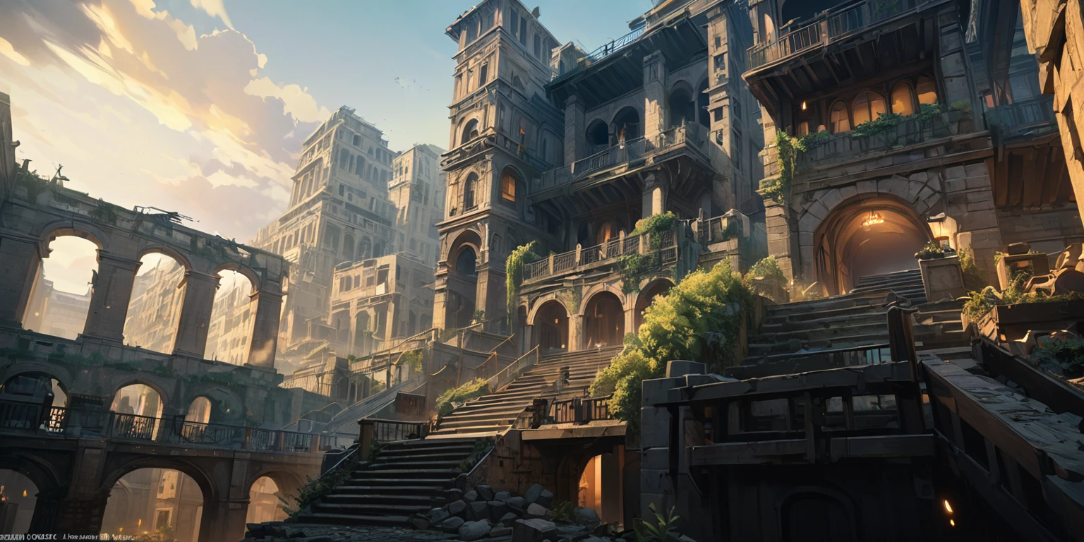 Anime Aesthetics, 动漫landscape, 景观landscape, (Yellow Tones, Blue tint,金色和红色的architecture,Colorful picture:1.2),(dusk:1.3),elden ring movie lighting, Inspired by Elden Ring, Farum Azoula, 古architecture, Rome style, Rocks floating in the air, Crumbling city, Megastructures, Moments before the Battle, dust in the air, Epic scenes, atmospheric opinion, Wide-angle lens, From below, From the outside, high resolution, 8K, best quality, Super Detail, The award-winning, masterpiece,unmanned, landscape, architecture, outdoor, Sky, stairs, window, railing,