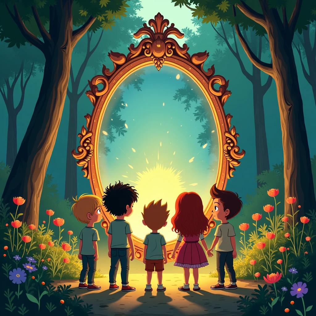 "A charming illustration for a story set in a magical forest. The five main characters, John, Santiago, Hellen, Matthew and Celeste, They are standing in front of an antique enchanted mirror with an ornate frame carved with images of animals and flowers.. John es un niño alegre con cabello negro corto, Santiago is calm with curly brown hair, Hellen is smart with long blonde hair, Mateo is energetic with red hair, and Celeste is sweet with brown hair. The mirror emits a soft, magical glow, and the forest around them is full of tall trees and colorful flowers, creating an adventurous and mysterious atmosphere."