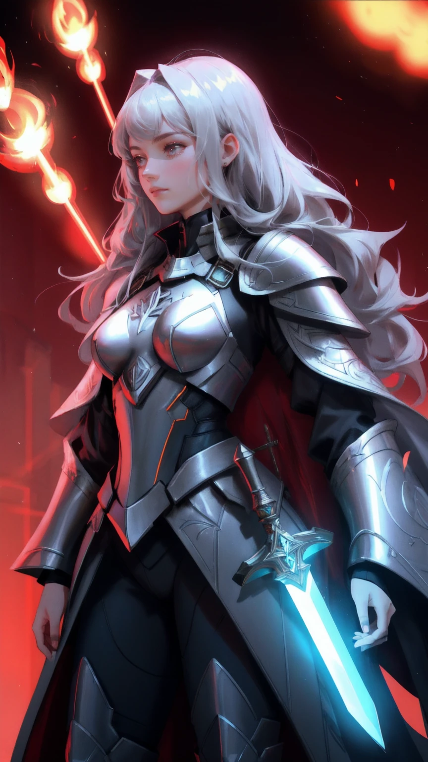 Create an artwork of a female guardian, armored in futuristic, metallic gear, standing vigilantly in front of a secure, red-colored vault. She holds a sword ablaze with digital flames, symbolizing her role as the protector of vast wealth. The vault behind her bursts with an array of digital and physical currencies, hinting at the immense value it holds. Surround her with shimmering coins and banknotes fluttering in the ambient light, casting intricate shadows on the scene. The setting is underscored by high-tech security features like holographic locks and surveillance lasers, emphasizing a blend of traditional wealth and modern defense technologies. The color scheme combines deep reds for the vault and cool metallic shades for her armor, enhancing the stark contrast between the guardian and her treasure