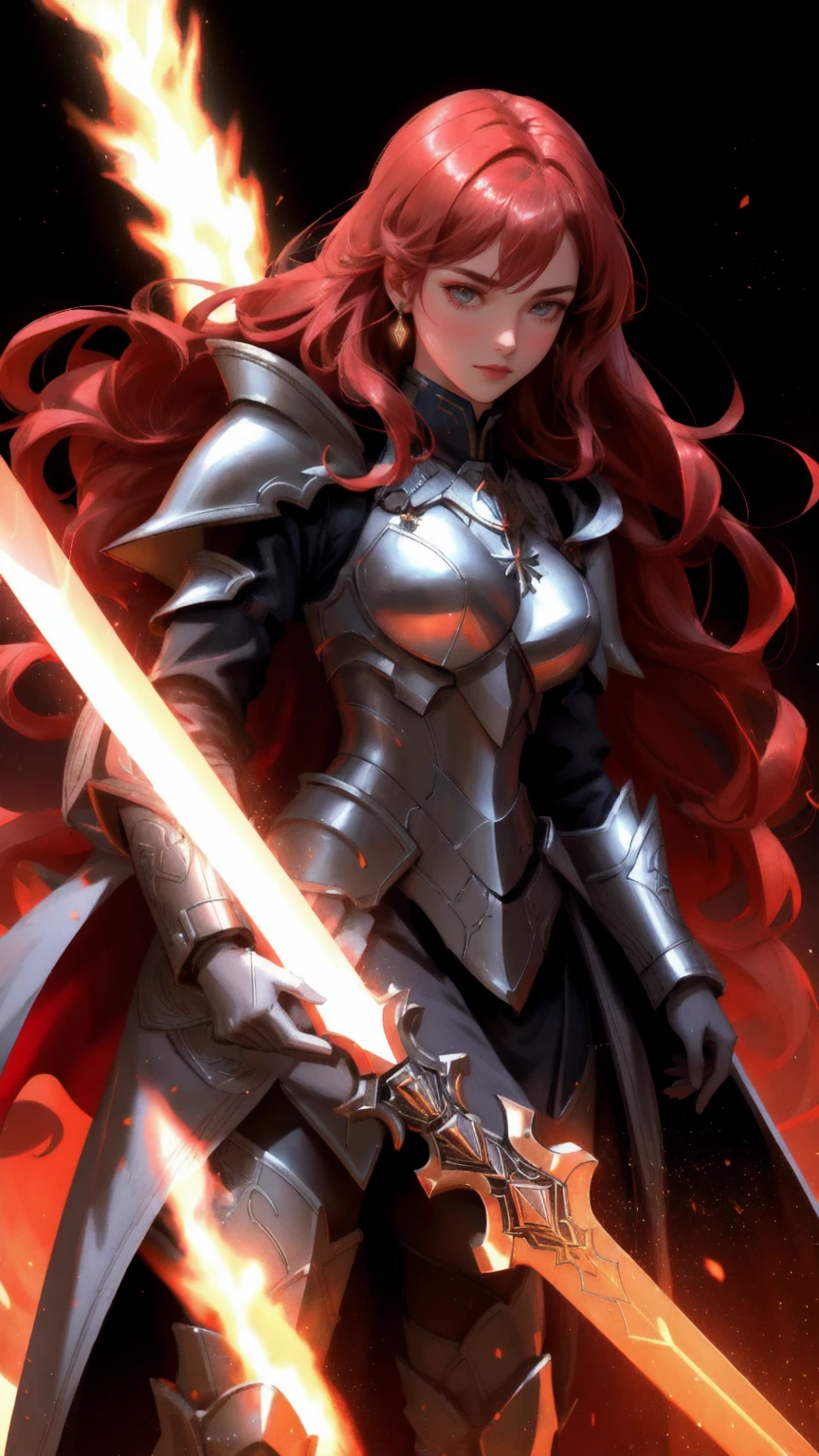 Create an artwork of a female guardian, armored in futuristic, metallic gear, standing vigilantly in front of a secure, red-colored vault. She holds a sword ablaze with digital flames, symbolizing her role as the protector of vast wealth. The vault behind her bursts with an array of digital and physical currencies, hinting at the immense value it holds. Surround her with shimmering coins and banknotes fluttering in the ambient light, casting intricate shadows on the scene. The setting is underscored by high-tech security features like holographic locks and surveillance lasers, emphasizing a blend of traditional wealth and modern defense technologies. The color scheme combines deep reds for the vault and cool metallic shades for her armor, enhancing the stark contrast between the guardian and her treasure