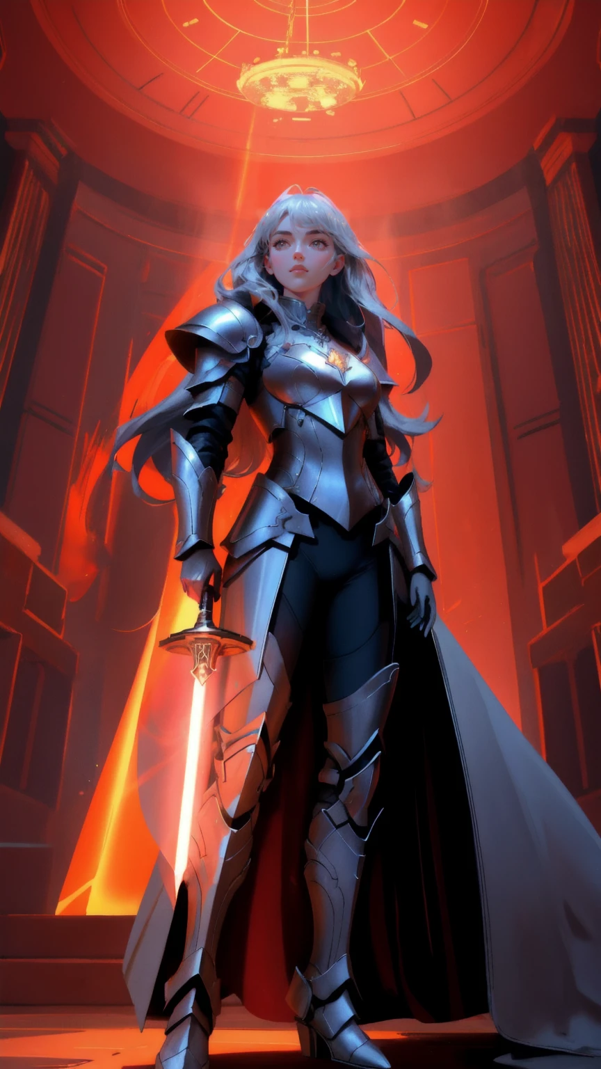 Create an artwork of a female guardian, armored in futuristic, metallic gear, standing vigilantly in front of a secure, red-colored vault. She holds a sword ablaze with digital flames, symbolizing her role as the protector of vast wealth. The vault behind her bursts with an array of digital and physical currencies, hinting at the immense value it holds. Surround her with shimmering coins and banknotes fluttering in the ambient light, casting intricate shadows on the scene. The setting is underscored by high-tech security features like holographic locks and surveillance lasers, emphasizing a blend of traditional wealth and modern defense technologies. The color scheme combines deep reds for the vault and cool metallic shades for her armor, enhancing the stark contrast between the guardian and her treasure