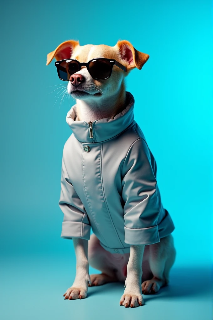 The best cell phone wallpaper, Award-Winning Wallpaper, portrait photography, In the front view is a portrait of a cute dog wearing mid-1960s space age fashion, Side view photo, Shot with Canon EOS R5, Set a strong contrast that accentuates the subject, Fluorescent blue tone, Wearing a very modern coat and sunglasses is a modern 1960s style, Clothes all in one color, beautiful background